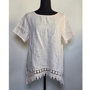 Terzo Millennio Women's Linen Top Size M Ivory Lace Hem Short Sleeve